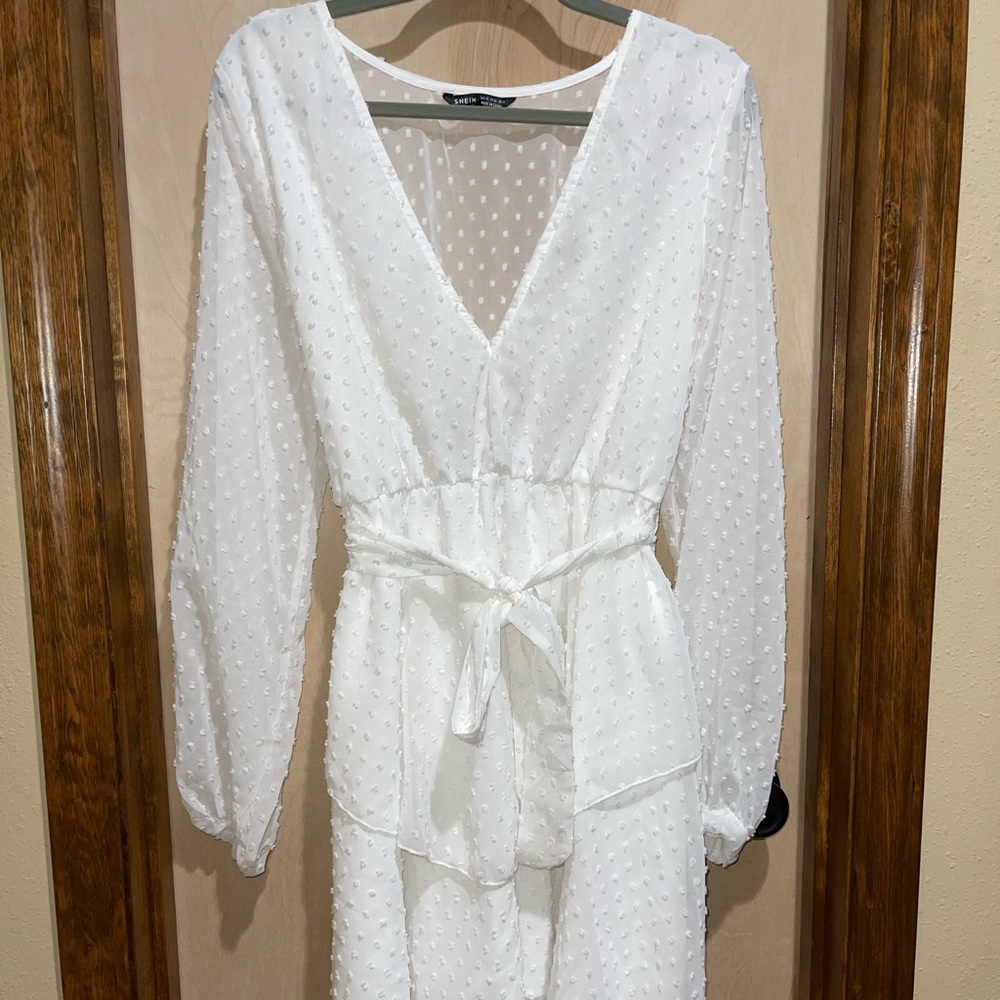 SHEIN White Dotted Wrap Dress with Bow